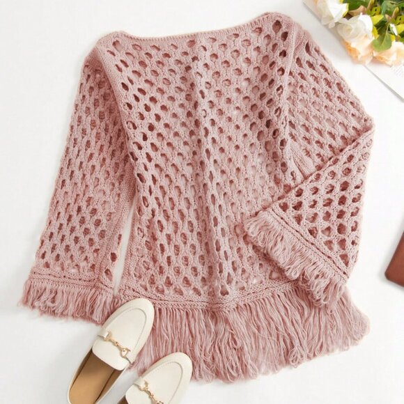 Pink Women's Sexy Elegant Knit Hollow Fringe Beach Style Dress - Picture 3 of 5